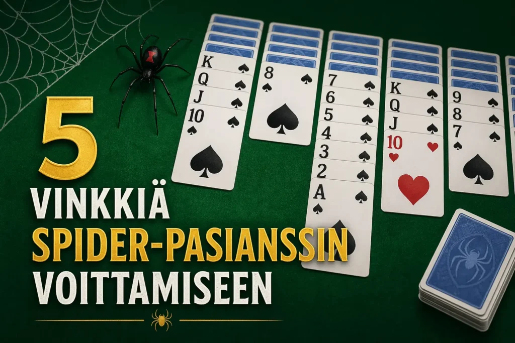 Artikkelikuva Spider-pasianssista: vihreällä pelipöydällä näkyy korttipinoja, suuri numero 5 ja teksti “5 vinkkiä Spider-pasianssin voittamiseen”, taustalla hämähäkinverkko ja hämähäkki.